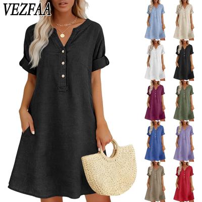 Women's Fashion Summer Spring Solid Color Print Short Sleeve V-Neck Loose Waistlinet Casual Dresses
