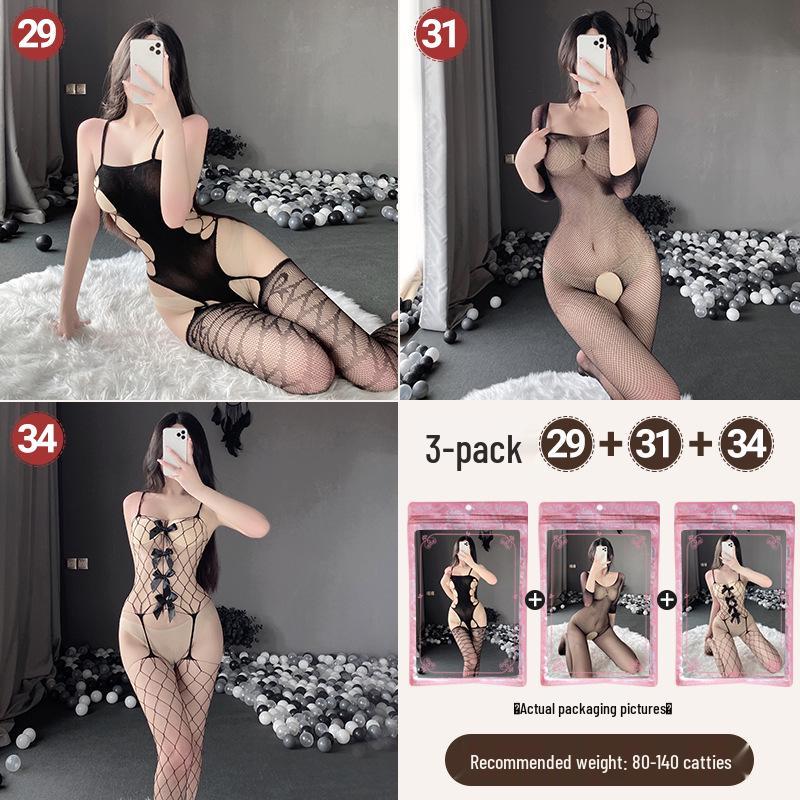 Linlinting Plus Size Sexy See-through Cutout Bodysuit with Open Crotch Stockings Set