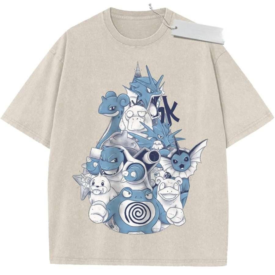 

T Shirt Sports T Shirt Short Sleeve T Shirt Multi Color Unisex Pure Cotton Washed Vintage Pokemon Characters Blue Print Design M