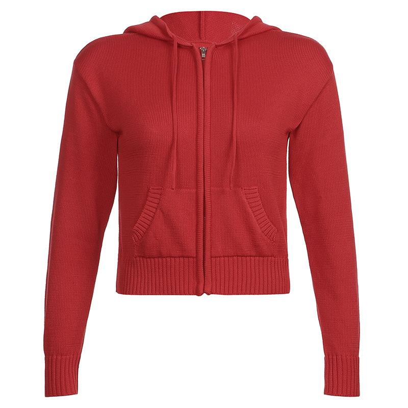 Autumn and Winter Women's Warm Hooded Zip Cardigan Pockets Solid Colour Jacket Short Temperament Tops