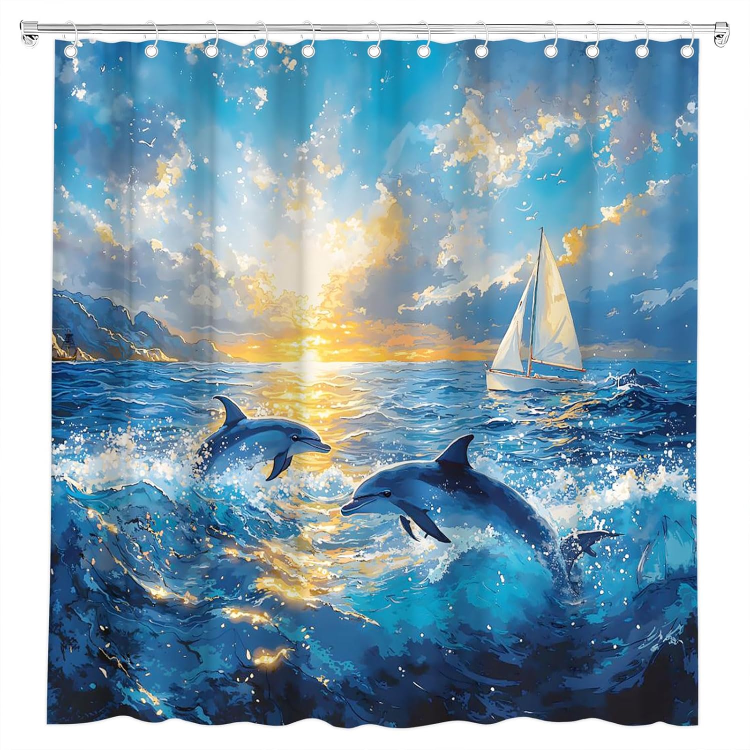 Dolphin Shower Curtain Tropical Wildlife Sailboat Sunset Ocean Scenery Cute Animals Oil Painting Bath Curtain Fabric Bathroom 90x180CM