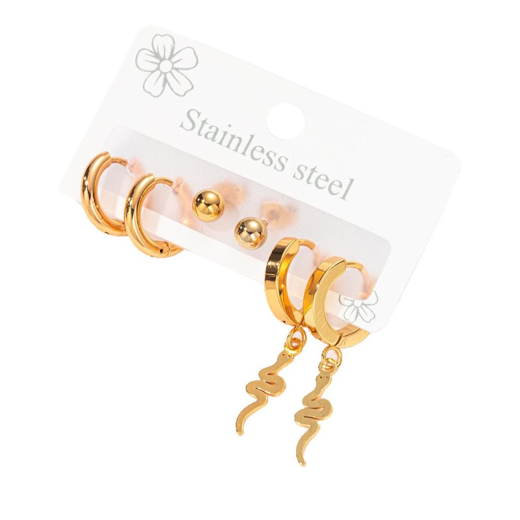 Popular Snake-Shaped & Heart Titanium Steel Stud Earrings Set for Women - Six-Piece Light Luxury Stainless Steel Ear Jewelry
