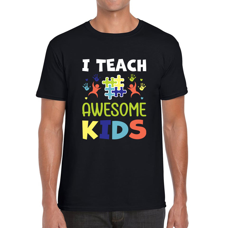 I Teach Awesome Kids Autism Awareness Month Autism Teacher Puzzle Pieces Autism Support Mens Tee Top 2XL