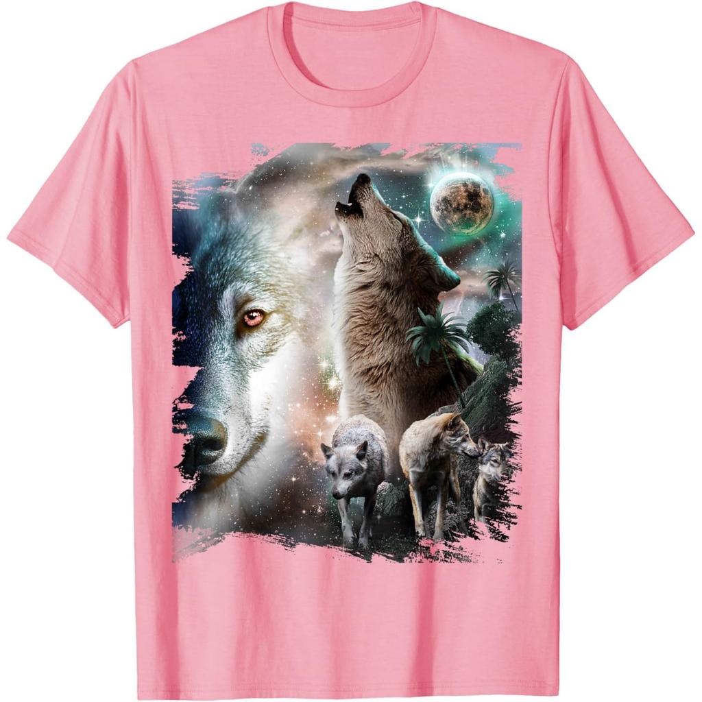 Space Wolves Graphic Tee Howling At Moon Print Cotton Casual Crew Neck T-Shirt for Men
