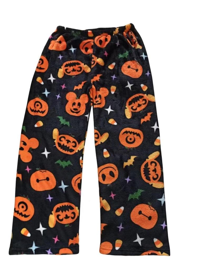 Halloween Cartoon KT Cat Flannel Sleep Pants: Women's Autumn-Winter Plus Velvet Warm Casual Graffiti Homewear.