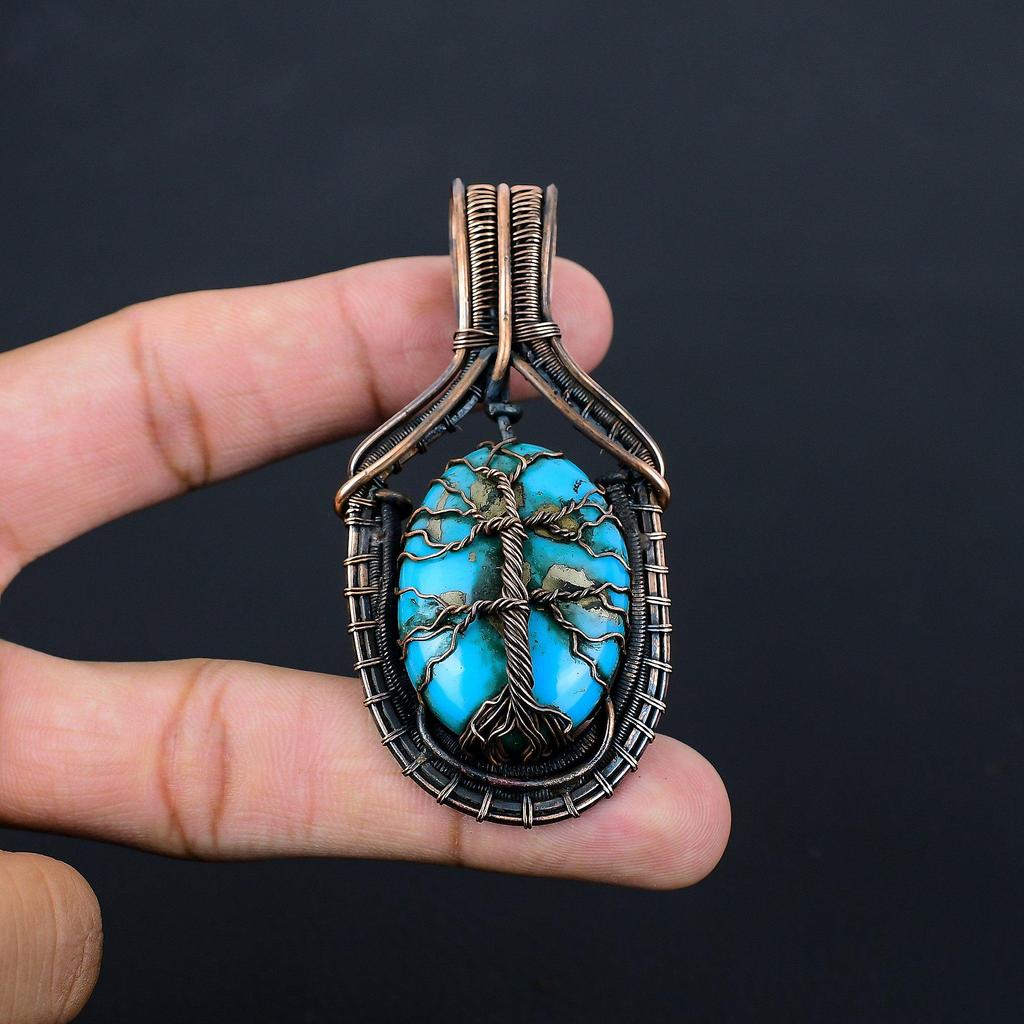 Baum des Lebens, türkiser Edelstein, reiner Kupferdraht, umwickelt, handgefertigter Anhänger-Schmuck