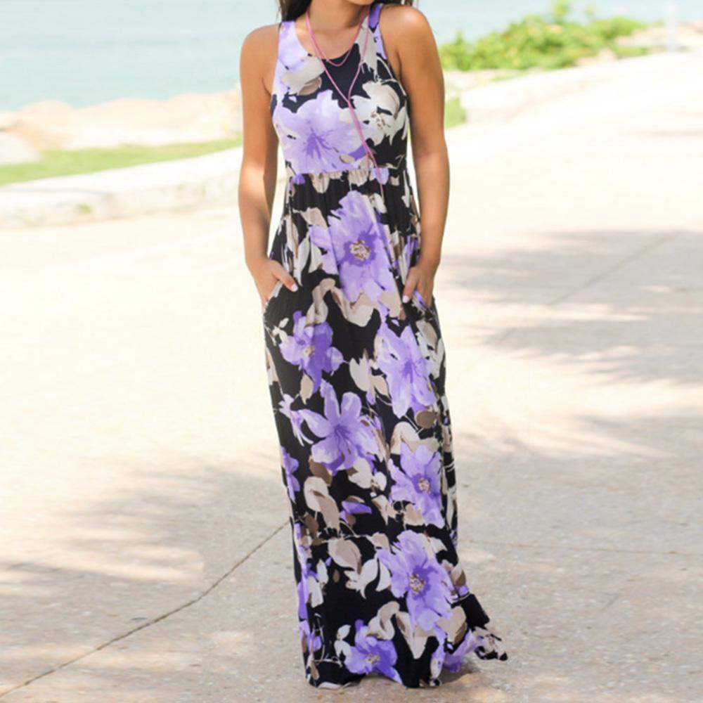 Summer Women's Elegant Casual Sleeveless Floral Printed Beach Dress Long Sundress