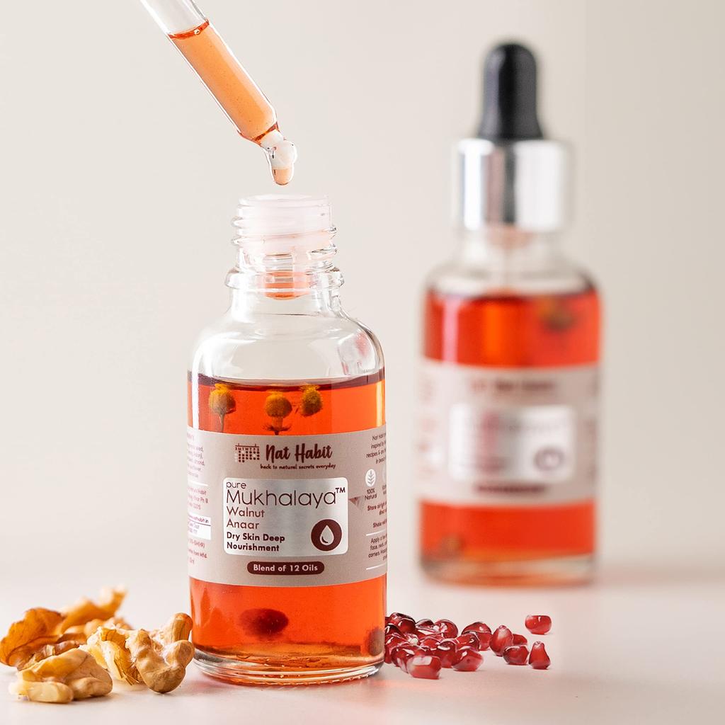 Nat Habit Walnuss Anaar Mukhalaya, Gesichtsöl für Frauen mit trockener Haut, Tiefenpflege, mit einer Mischung aus 12 kaltgepressten Ölen zur Reduzierung von Trockenheit, 15 ml