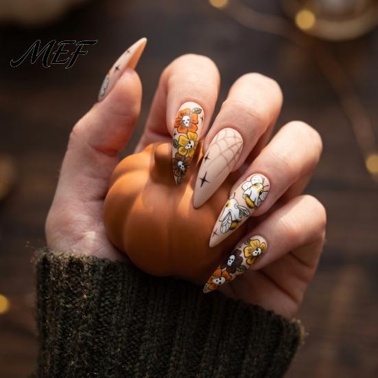 Spooky Ghost Nail Decals Halloween Art Stickers, Flower Skull Spider Web Self-Adhesive Accessories Manicure Decals, DIY Supplies for Women Girls