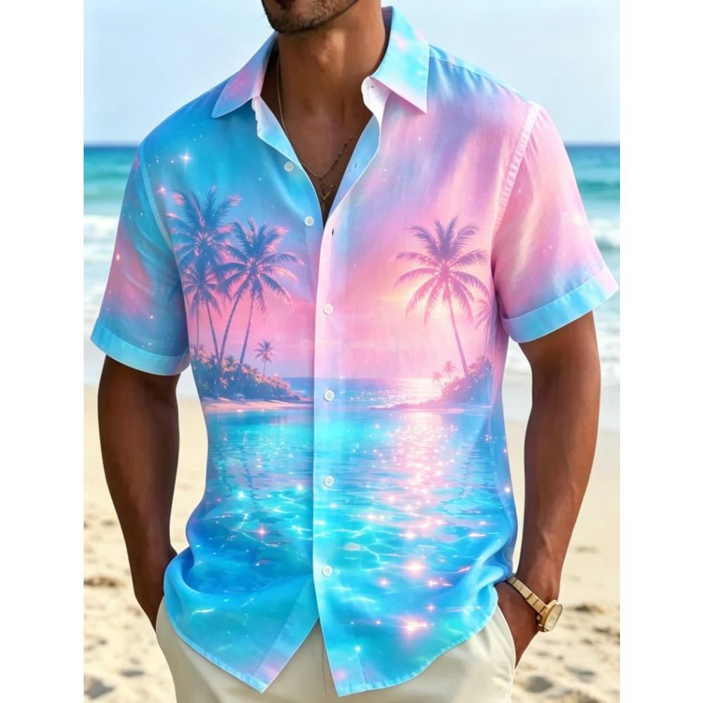 Herren Tropisches Neon-Landschafts-Print Kurzarmhemd, Natürlicher Und Ausgeprägter Stil, Für Sommerpartys Und Tägliche Styles