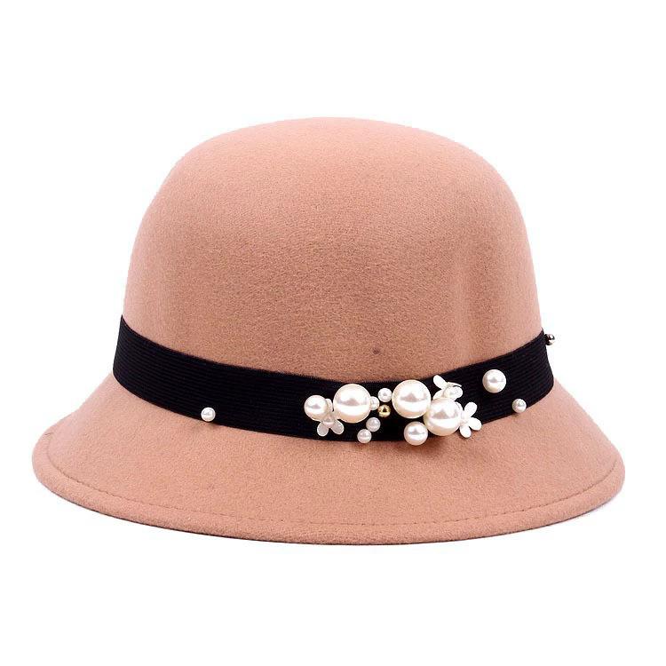 Autumn and winter new women's woolen top hat Hepburn style small brim basin hat pearl decoration French retro fashion shows small face