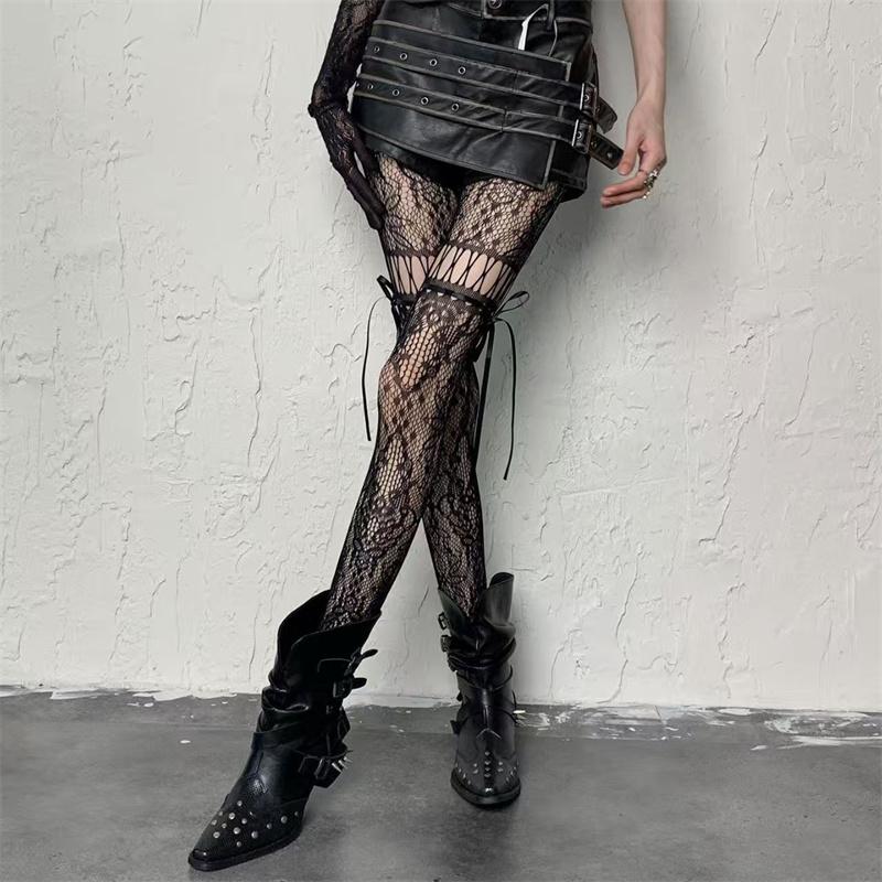 New Design Bow Tie Strap Lace Tights Women Sexy See Through Mesh Sheer Fishnet Stockings Jk Uniform Bottoming Pantyhose