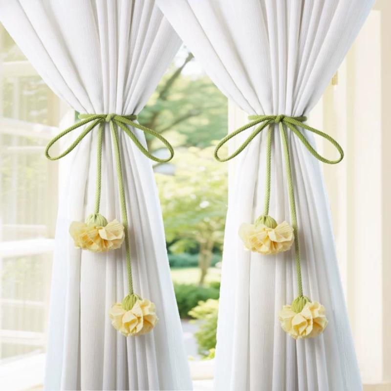 Elastic Band Curtain Tieback Flower Shape Adjustable Window Curtain Buckles Tassels No Punching Curtain Rope Holders Kids Room