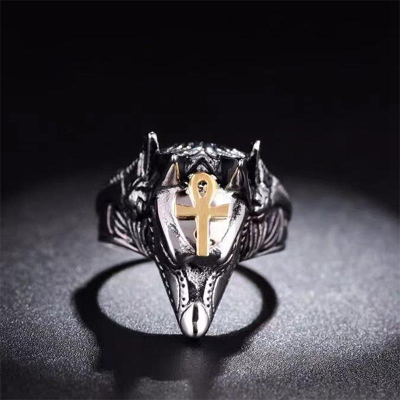 Anillo Símbolo Anubis Egipto Retro Para Hombre Punk Gótico Rock Hiphop Anillo Abierto Hecho a Mano Diseñador Zircón Accesorios Biker Regalo para Amante