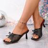 New Plus Size Mesh Bow Slim Heel Slipper for Women Summer Outside Square Toe High Heel Slip Slippers
