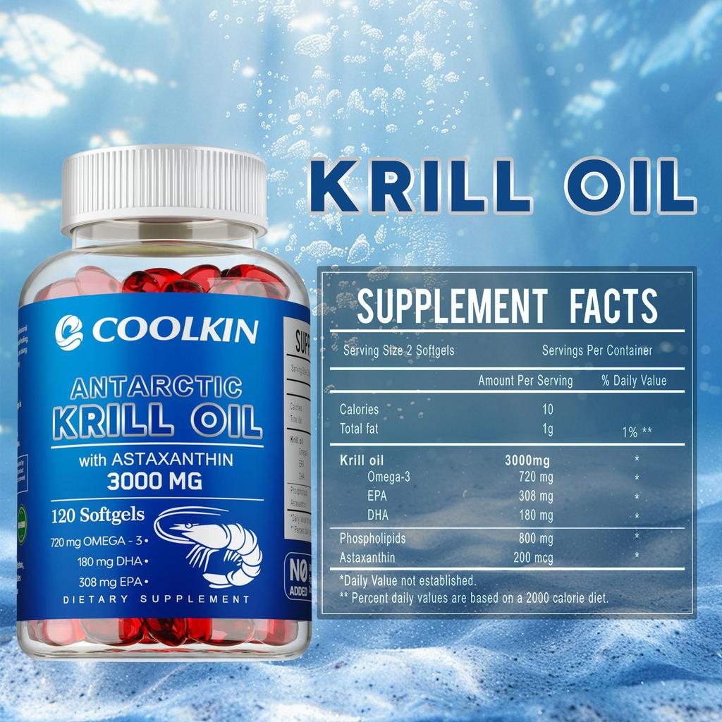 Coolkin Kapsle s olejem z antarktického krilu, zcela přírodní, 3000 mg na dávku, obsahuje extrakt z astaxantinu, podporuje celkové zdraví.