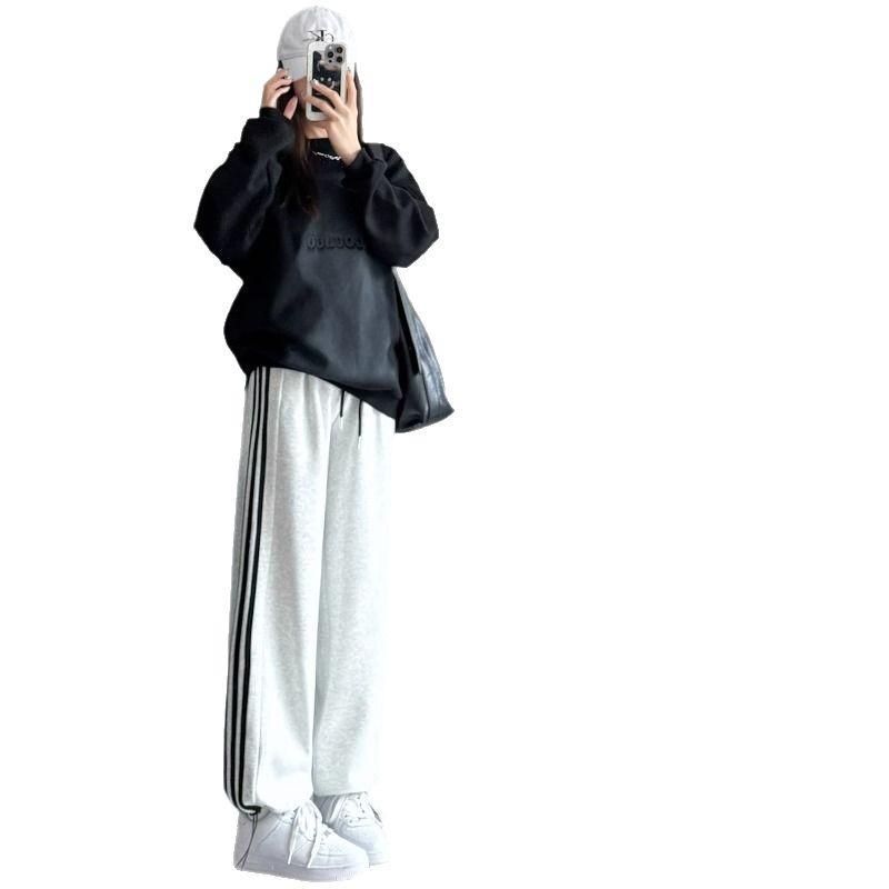 Women's White and Gray Wide-Leg Fleece Sweatpants with Three Stripes - Autumn/Winter Collection