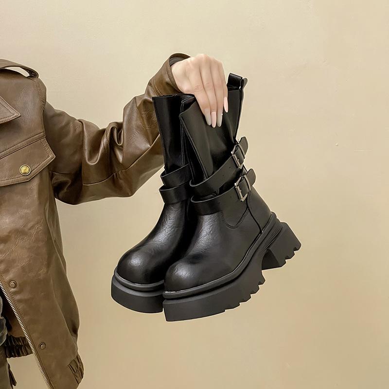 Fashion Thick-soled Leather Boots Heightened Adjustable Belt Buckle Martin Boots Women's Autumn and Winter Retro Fashion Medium Tube Knight Boots