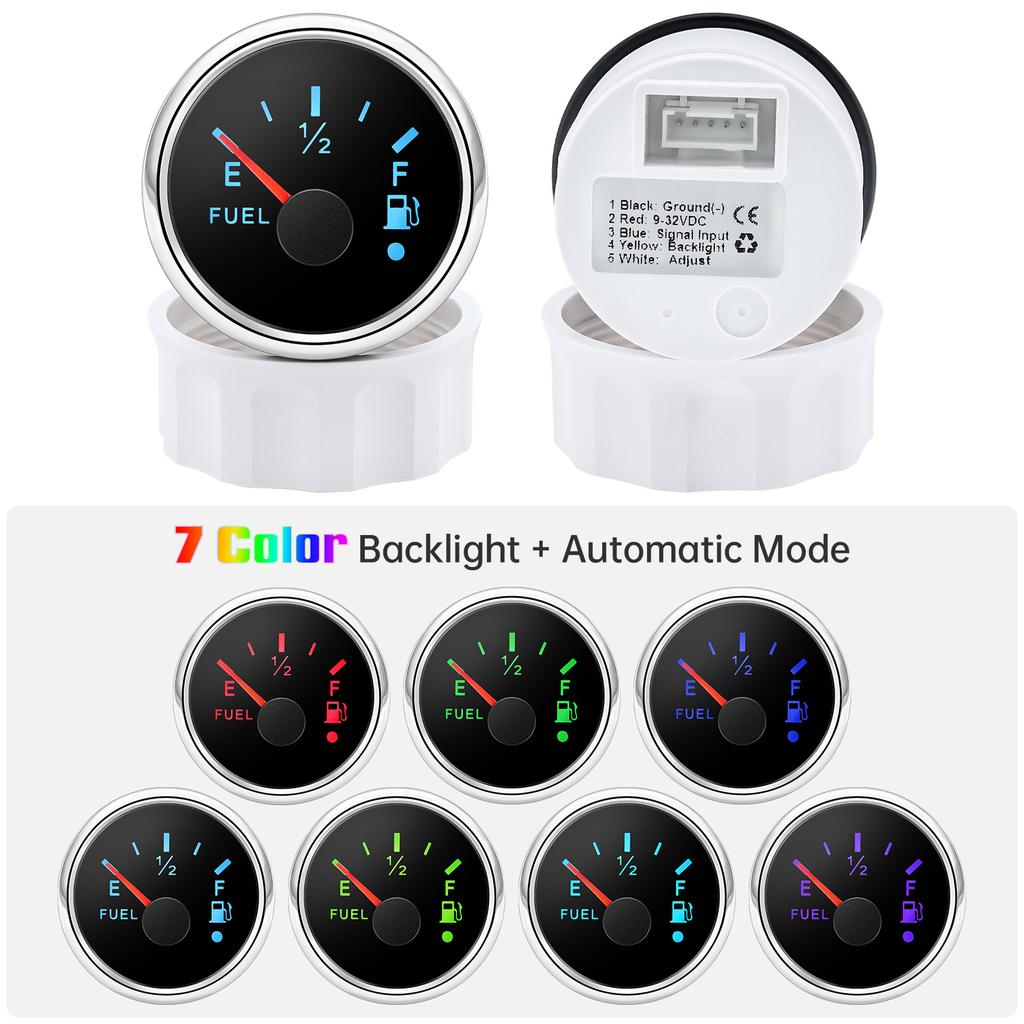 7 Colors Backlight 52mm Voltmeter Fuel Level Water Level Oil Temp Gauge With Warning Light Universal For 12V 24V Boat Car Marine