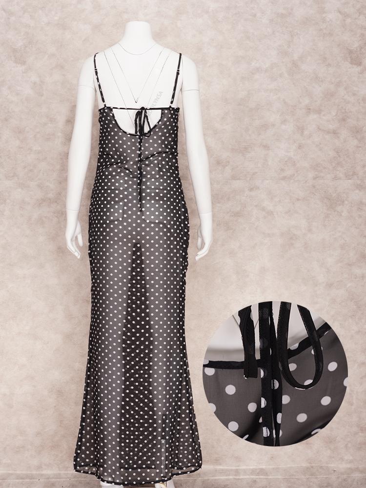 EDOLYNSA 2024 Black Fashion Polka Dots Sexy See Through Spaghetti Strap Beach Maxi Dress Women Summer Party Slip Dresses Swimsuit Cover Up
