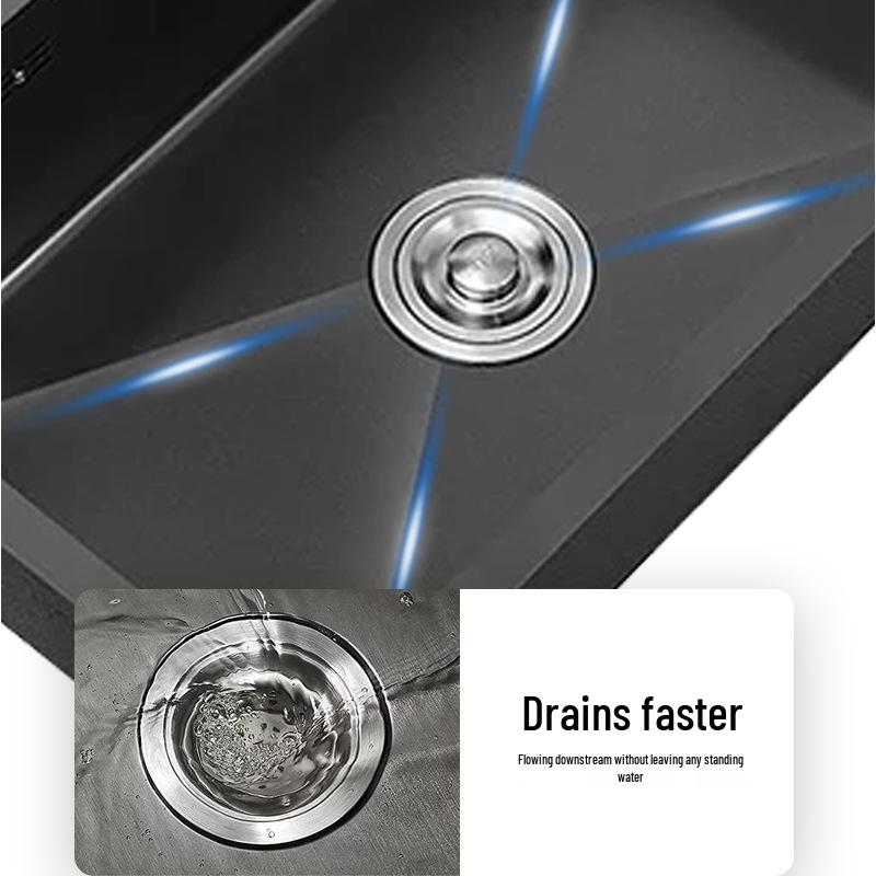 Stainless Steel Black Nano Large Single Bowl Kitchen Sink for Vegetables, Dishwashing, and Handwashing, Thickened Handmade Design
