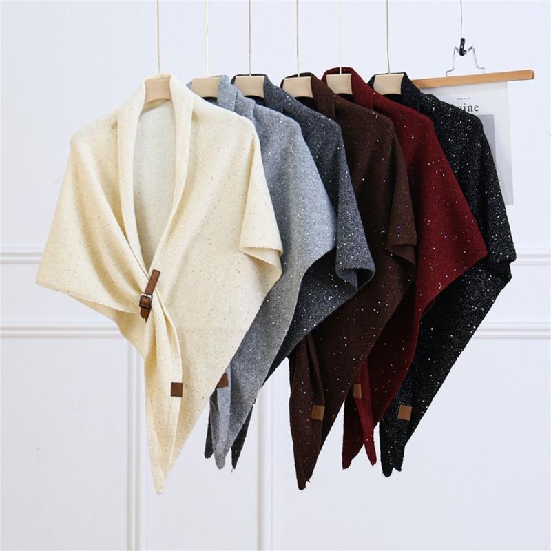 Solid Color Wool Blend Triangular Stole With Leather Clasp Warm Soft Scarf Wrap For Women Lady Winter Autumn Accessory
