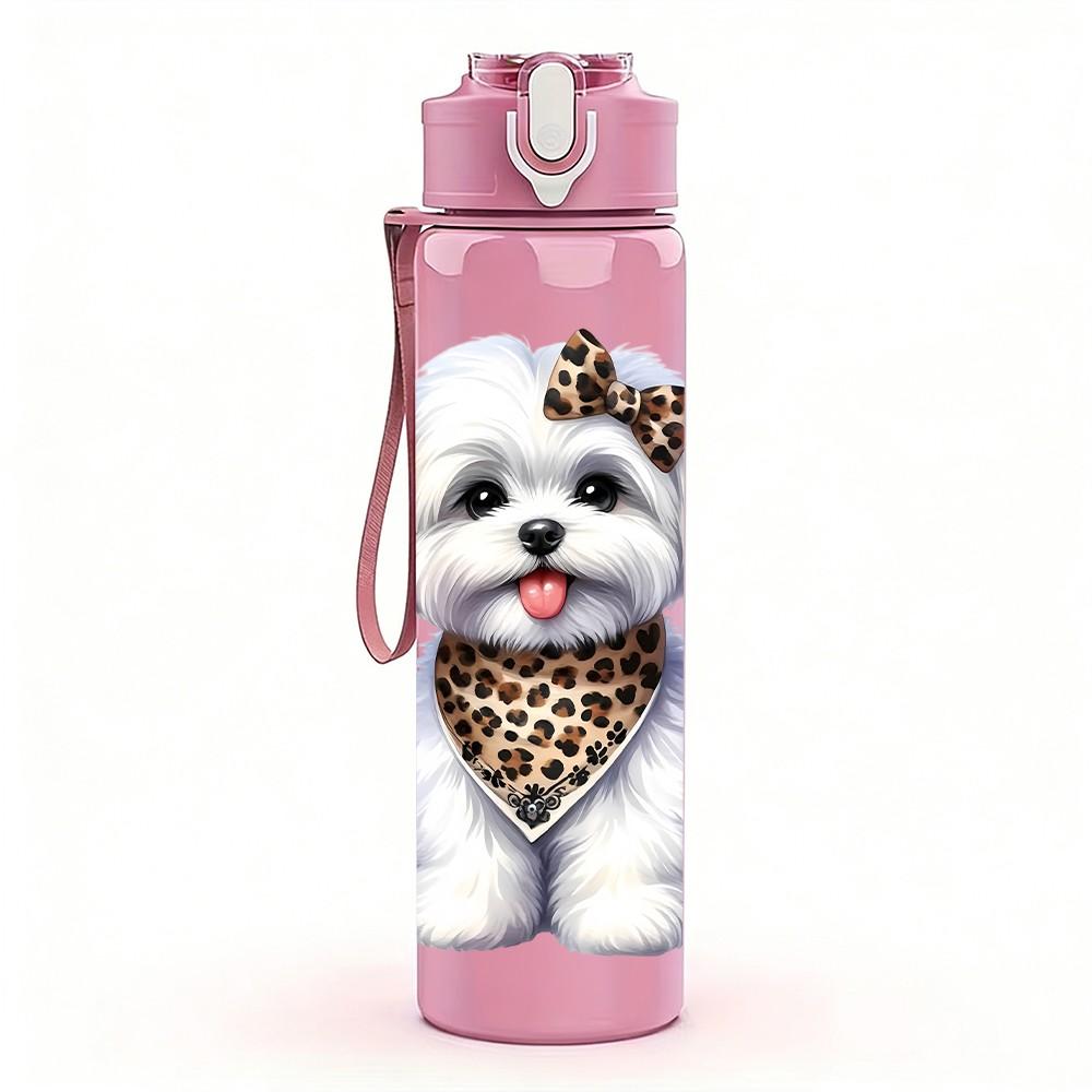 1PC White Poodle Dog Bandana Art 750ml Color Plastic Sports Water Bottle Leakproof Flip Straw Lid Suitable for Sports Office Home Use