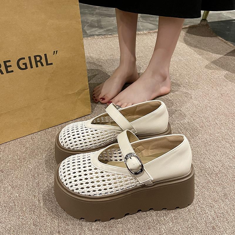 Hollow Woven Through Net Loafers Women's 2025 Spring and Summer New Mary Jane One-word Buckle with Shallow Mouth Thick Sole Women's Single