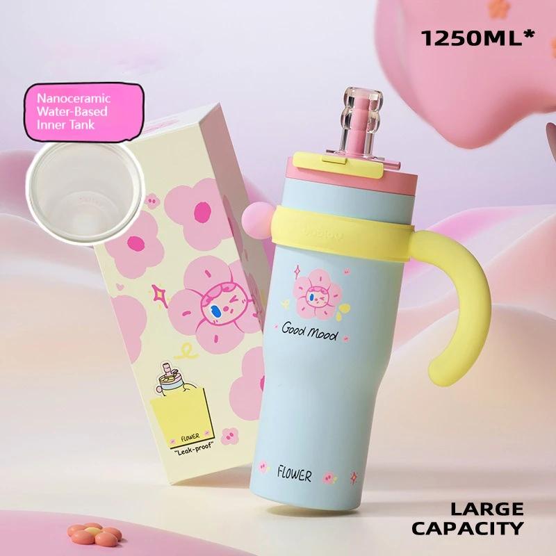 Bablov 800/1250ml Vacuum Flasks Ceramic Lined Thermos Cup with Straw & Handle Large Capacity Camping Beverage Cup Tea Ice Cup