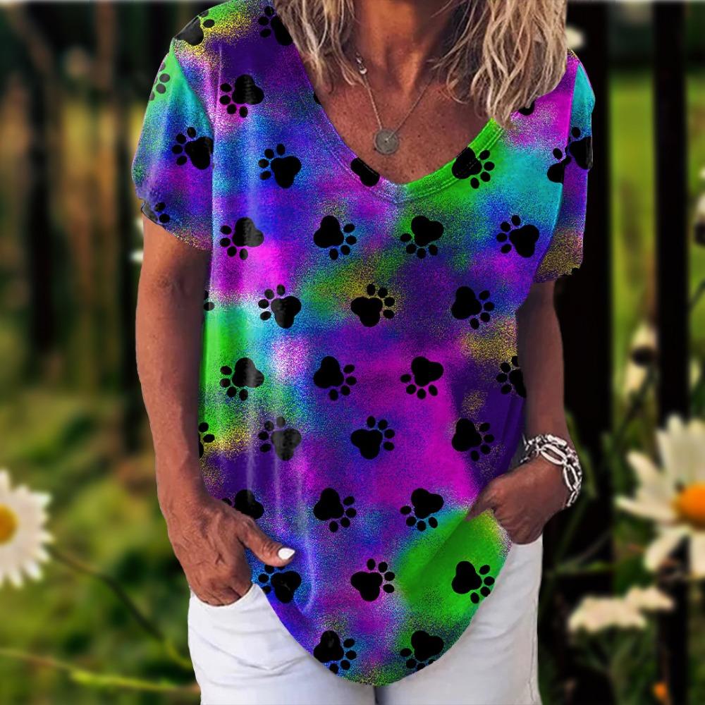 New Rainbow Watercolor Dog Paw 3D Printing T-shirt Women's V-neck Casual Short-sleeved Y2k Top Harajuku Tees Clothing