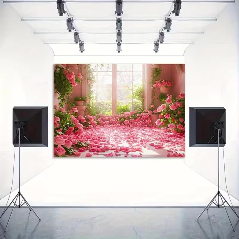 2D Pink Rose Room Backdrop, Floral Window Photography Background for Valentine's Day