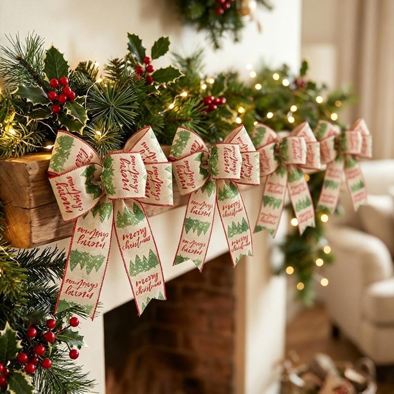 Double Layer Christmas Bowknot Decoration Set of 4 Soft Fabric Ribbon Ornaments with Stitched Center for Seasonal Home Styling