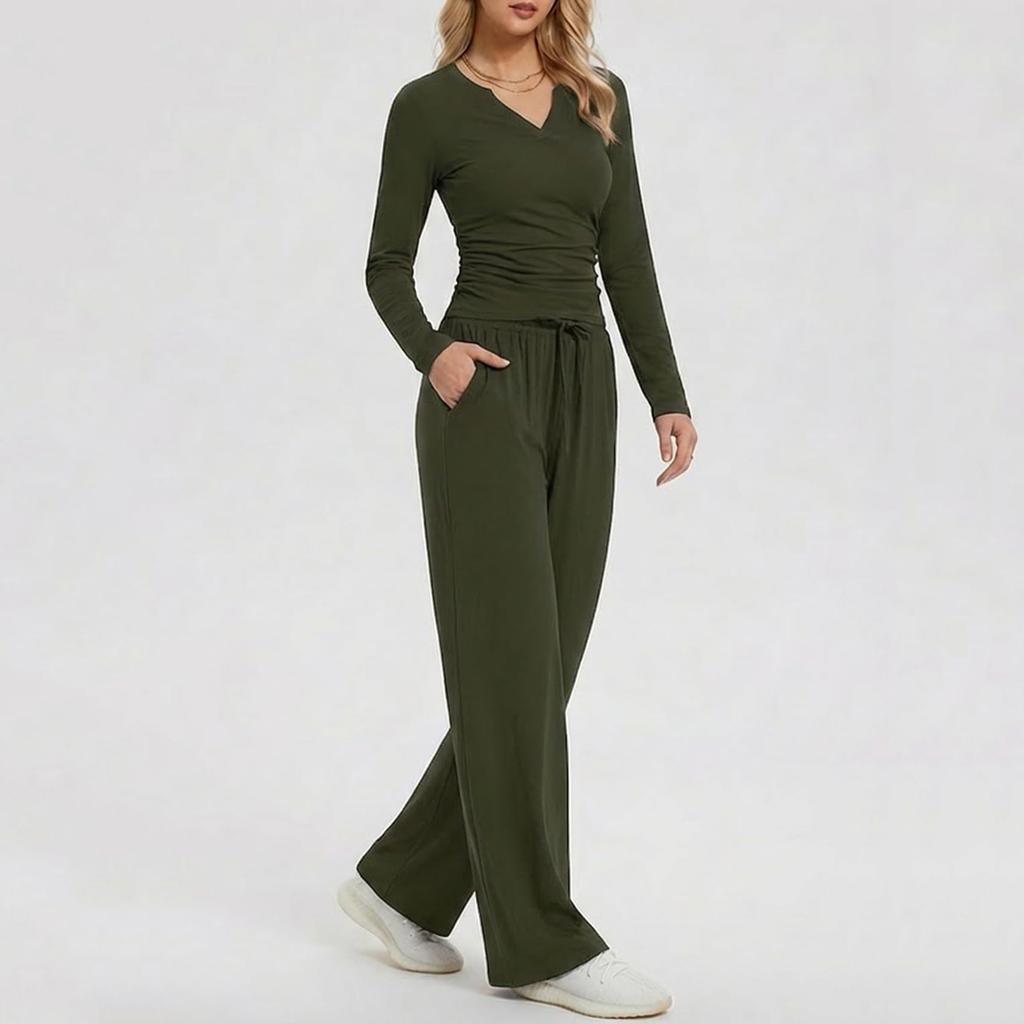 Women's Long Sleeve V Neck Pullover Top and Wide Leg Pants Lounge Set Casual Two Piece Outfit Soft Fabric Relaxed Fit