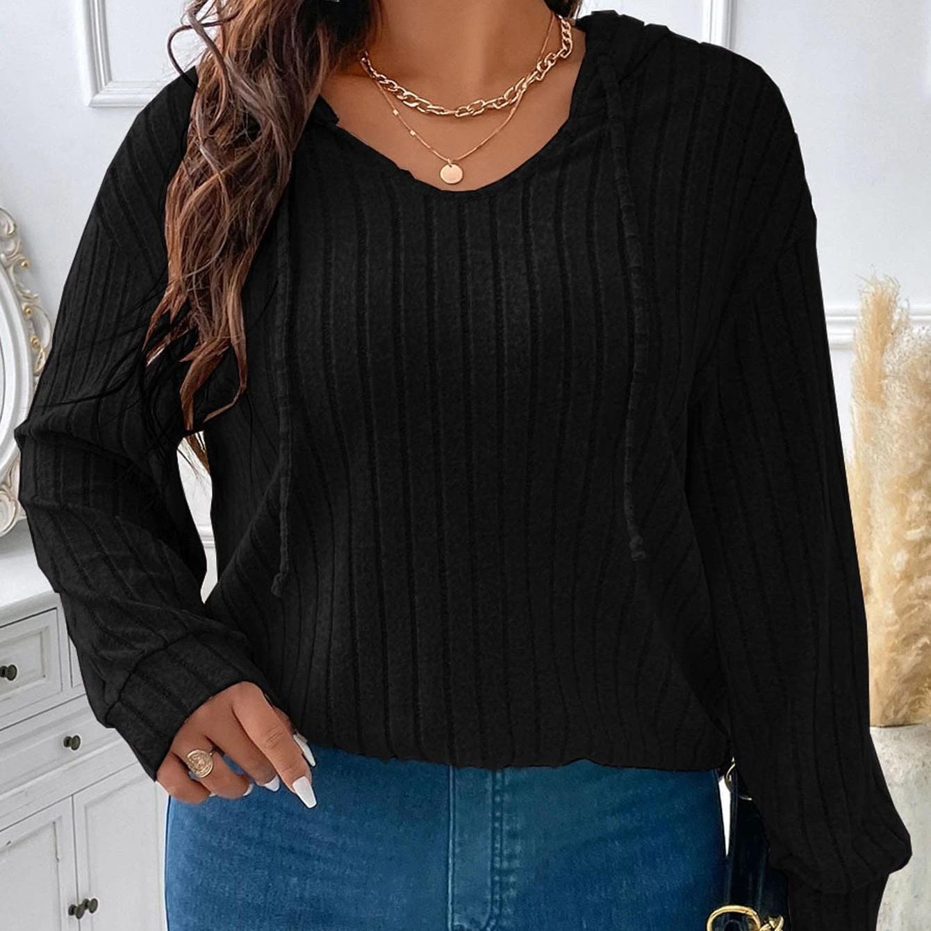 

Женская мода, осенние и зимние модели, однотонные блузки больших размеров, Свободная футболка с v-образным вырезом и капюшоном, длинными рукавами и полосками с начесом XL чёрный