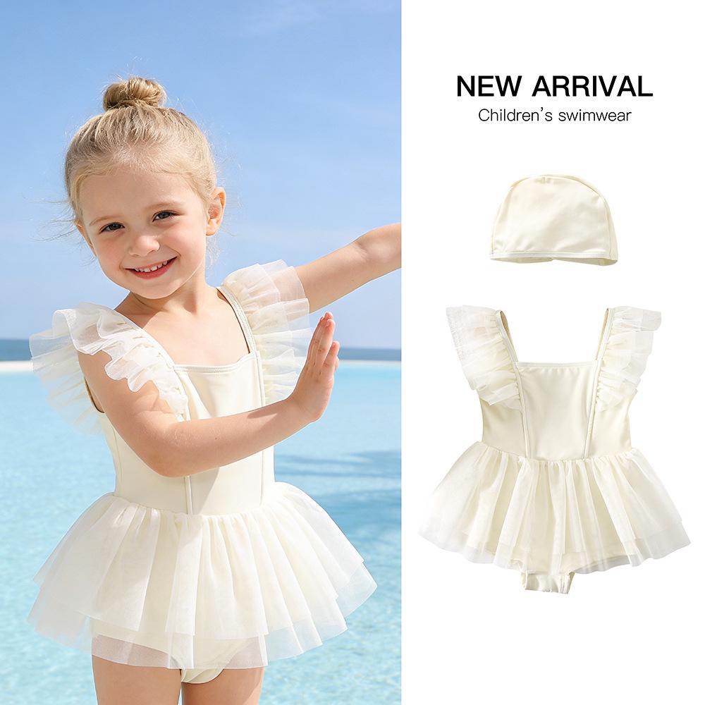 Costume da Bagno Intero Principessa Bianco di Alta Qualità per Bambina con Gonna in Rete 2026 - Perfetto per le Vacanze al Mare