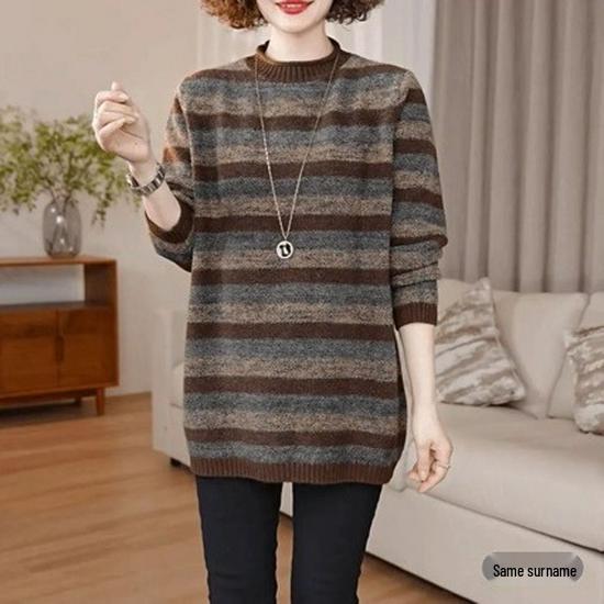 Women's Stylish Striped Sweater: Round Neck, Loose, Slimming, Warm Knitwear for Autumn and Winter.