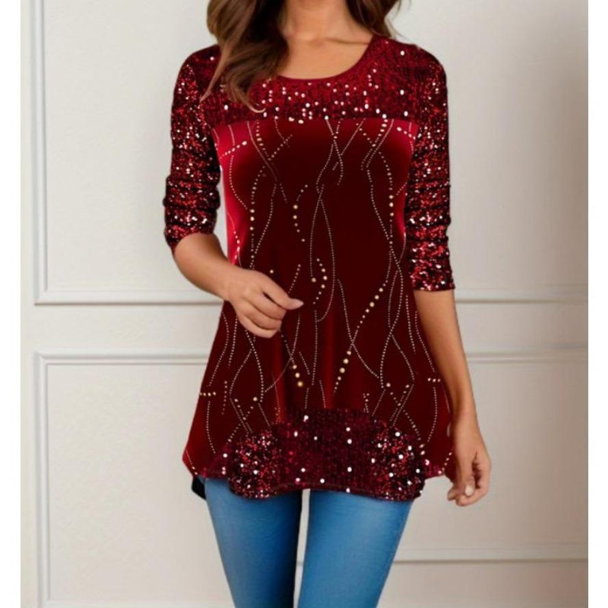 

YYFS Women s Fashion Casual Summer Spring Flower Pattern Print 3/4 Sleeves O-Neck Blouses & Shirts XXXXXL червоний