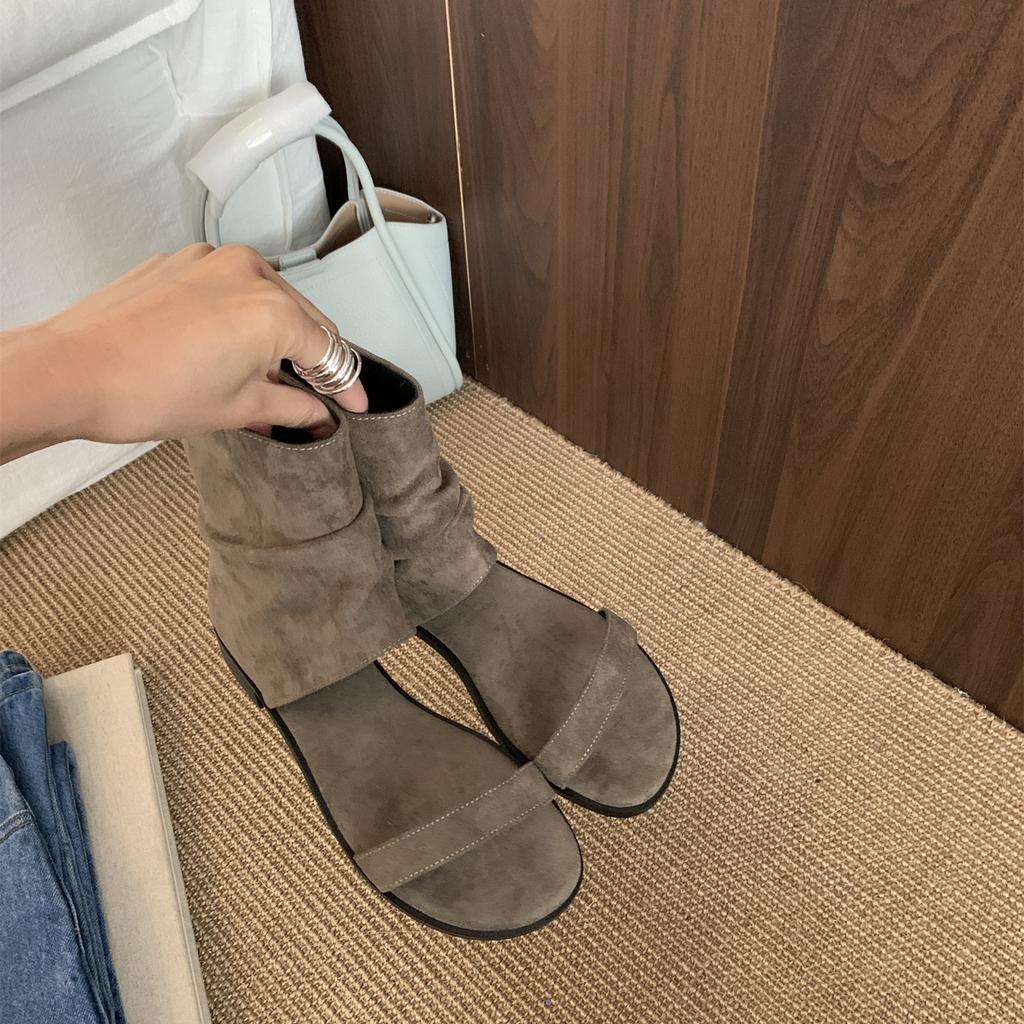Coarse Heel Suede Piled Boots Breathable Cool Boots Women's Shoes 2025 Summer Hollow Vacation with Skirt Khaki Short Boots