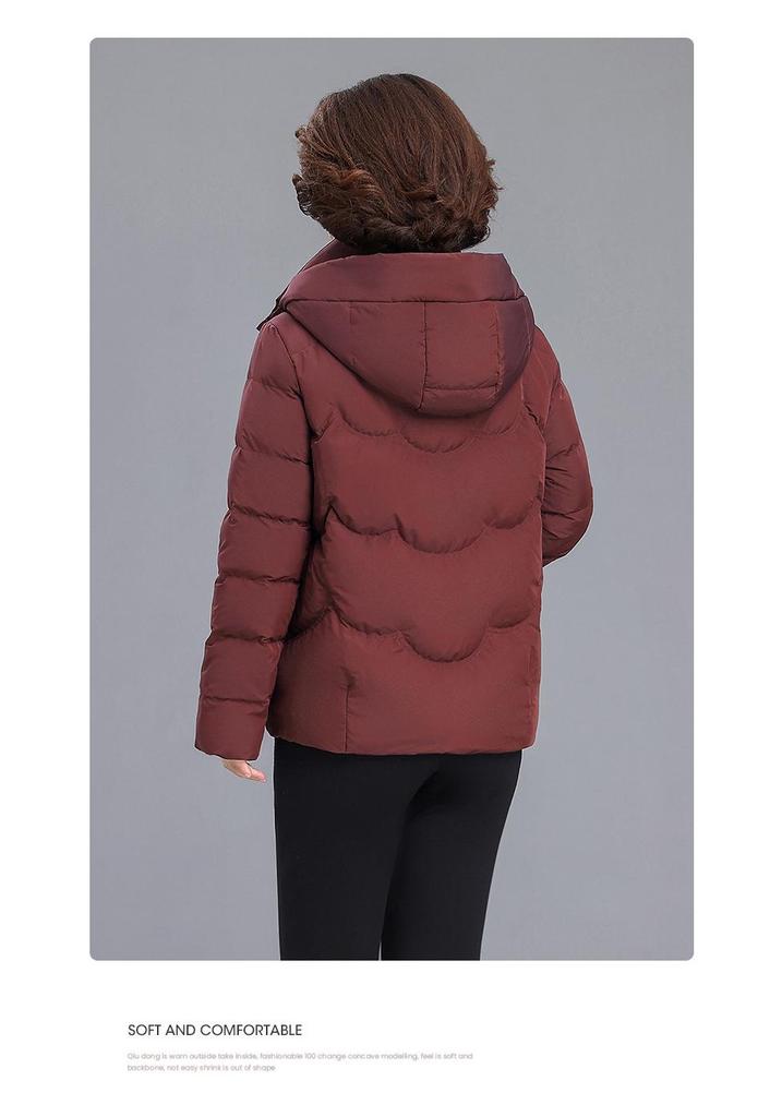 Warme Kapuzen-Daunenjacke für Damen 2025: Neue Stil Stickerei Baumwolle Winter Oberbekleidung für Mütter mittleren und höheren Alters.