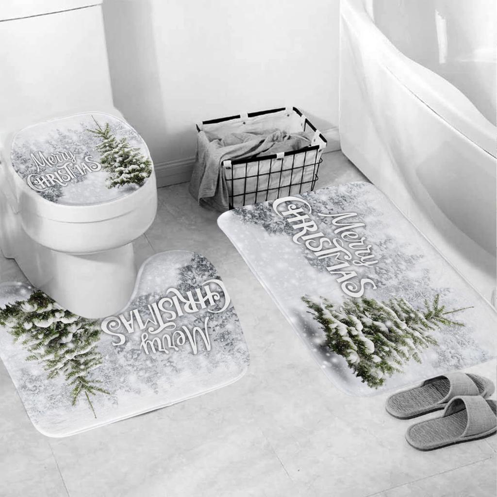 Christmas 4-Piece Bathroom Curtains Christmas Tree Snow Shower Curtain Non-Slip Bath Mat U-Shaped Bathroom Mat Toilet Cover