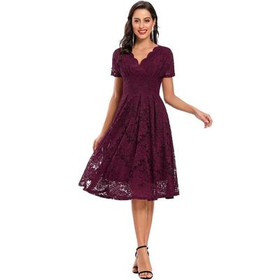 Bright Deer Damen-Ballkleid mit Spitze, Muschel, V-Ausschnitt, kurze Ärmel, taillierte Taille, Midi-Abschlussballkleid, Brautjungfer, Hochzeit, Gast, Party, Cocktail, Abend, Anlass, Outfit