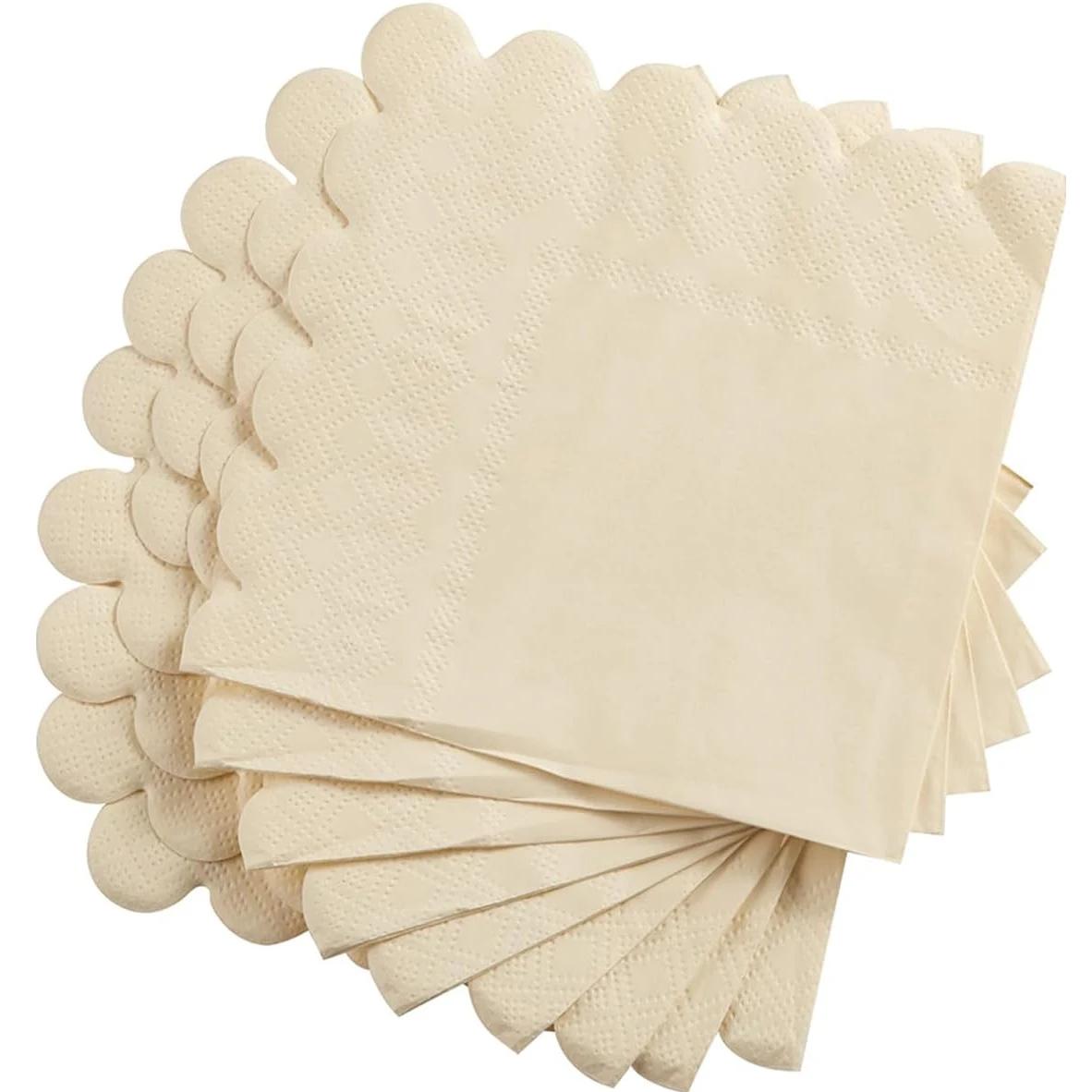 50Pcs Cocktail Napkin, 2-Ply Scalloped Edged Dessert Napkins Folded 5x5 Inches Disposable Paper Napkins for Dinner Wedding Party 50Pcs бежевый