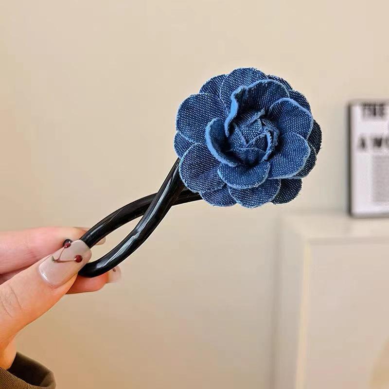 Elegant Denim Blue Rose Twist Hair Clip for Women - Chic Updo Hair Accessory