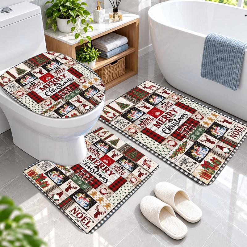 3Pcs Flannel Toilet Mat Set Christmas Bathroom Rug Bath Carpet Non Slip Home Decor