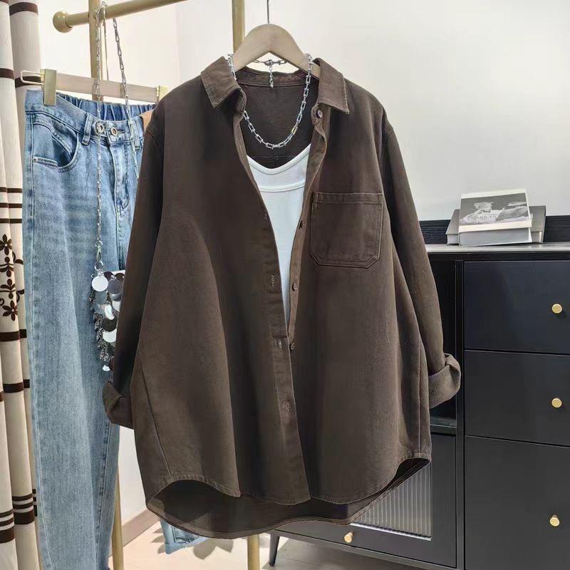Off-white cotton thickened shirt women's spring and autumn new Korean version casual loose top medium and long tooling shirt