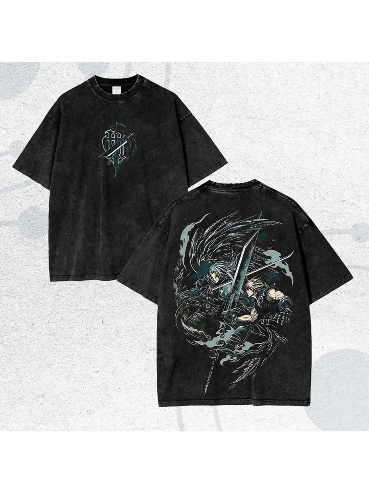 

Summer Hot Selling Vintage Fantasy Game Washed Shirt Retro Character Graphic Mens Round Neck Short Sleeved Tshirt M