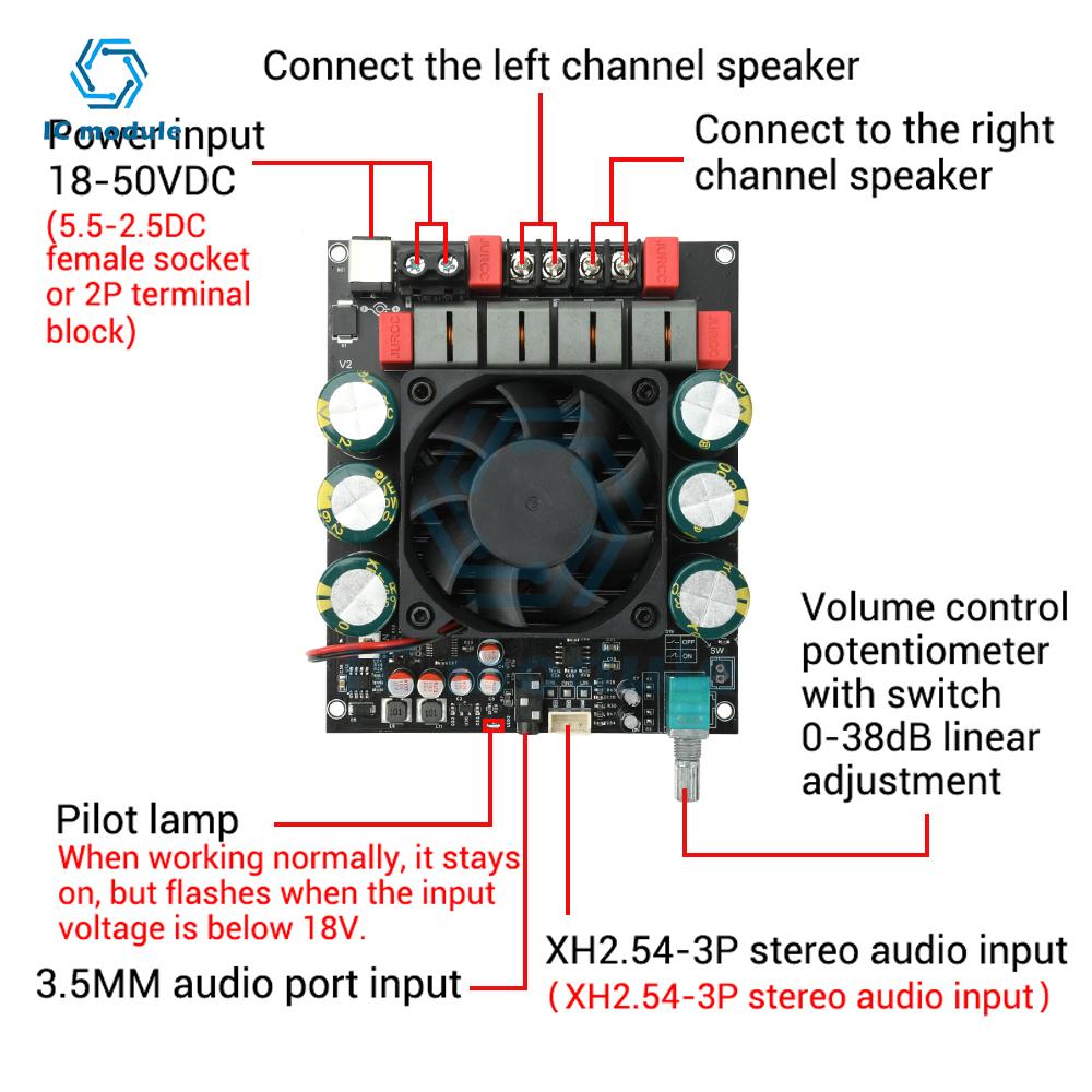 ZK-6002 Pure Post Amplifier Board DC 18-50V TPA3255 600W+600W 2.0 Dual Stereo Channel Module with High/Low Frequency Adjustment