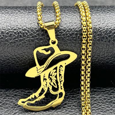 West Cowboy Hat Shoes Pendant Necklace For Women Men Stainless Steel Gold Silver Color Cowgirl Fashion Chain Jewelry Gifts