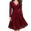 Retro Women Lace Floral V Neck Long Sleeve Tight Waist A-line Party Midi Dress