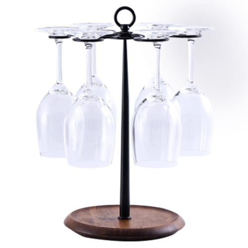 Wine Glass Rack, Tabletop Wine Glass Rack, Standing Countertop Organizer, Metal Wine Glass Rack with Wooden Base, Holds 6 Glasses (Black)